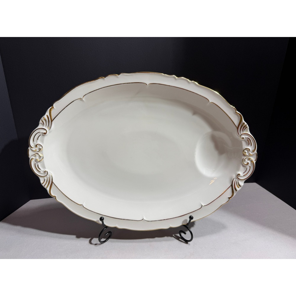 Haviland Limoges Sheraton Oval Serving Platter Gold Trim Scalloped Porcelain